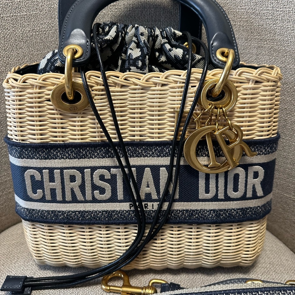 Lady Dior Woven Beige and Navy Oblique Jacquard Top Handle Bag